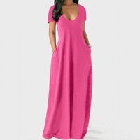Robe d'été simple à manches courtes, col en V, poches enveloppantes, élégante robe décontractée pour femmes, robes longues de grande taille