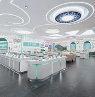 Lemari Pajang Perhiasan Persegi Panjang Emas/Putih yang Dapat Disesuaikan, Finishing Pernis, Lampu LED, Kaca Tempered, untuk Toko Retail-B
