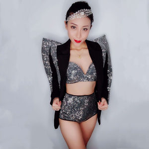 Traje <span class=keywords><strong>De</strong></span> Escenario Sexy Rhinestone Bikini Blazers Conjuntos Mujeres Club Traje Trajes Stripper Gogo Dancer Stage Performance Disfraces - Product Image 5