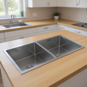 Fregadero de Cocina de Acero Inoxidable, Doble Cubeta Rectangular, Superficie Cepillada, Diseño Moderno, Fácil de Limpiar - Product Image 2