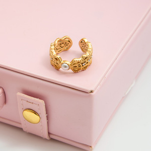 Pearl Ring 18K Gold Stainless Steel Openwork Zircon Geometric Design Unisex Everyday Wear - Product Image 4