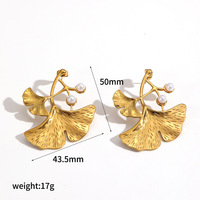 Boucles d'oreilles feuille de ginkgo femme, acier inoxydable plaqué or 18K perle imitation