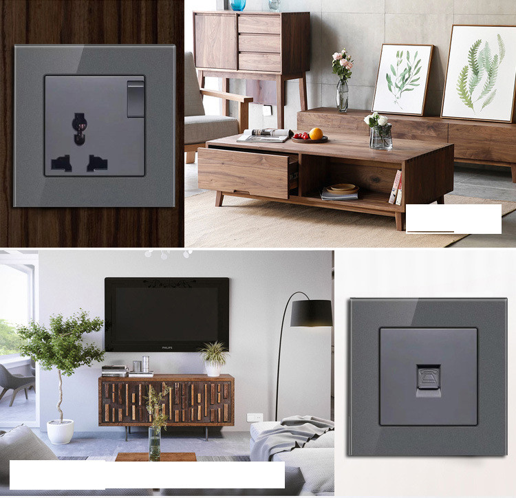 multi-functional grey tempered glass wall socket panel British standard Hong Kong version usb switch wall socket