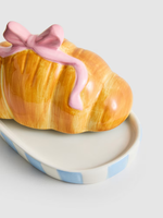 Beurrier en céramique rose avec nœud papillon, forme de croissant, récipient de rangement pour le beurre, récipient à pain en forme de croissant pour le beurre