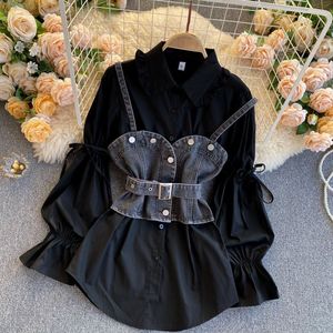 Venta al por mayor <span class=keywords><strong>de</strong></span> blusa <span class=keywords><strong>de</strong></span> <span class=keywords><strong>moda</strong></span> <span class=keywords><strong>de</strong></span> talla grande ropa <span class=keywords><strong>de</strong></span> mujer nueva manga <span class=keywords><strong>de</strong></span> burbuja <span class=keywords><strong>de</strong></span> mezclilla correa <span class=keywords><strong>de</strong></span> dos piezas conjunto superior - Product Image 5