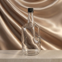 Bouteille en verre transparente de 1750 ml de grande taille pour vodka Flint, rhum nordique, avec poignée et couvercle inviolable en plastique noir