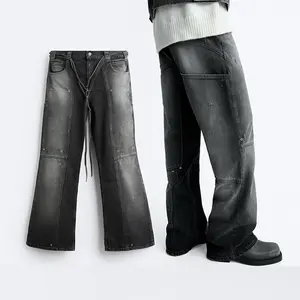 Vintage Washed Effect Patch Pocket Jeans Metal Eyelet Straight Leg Baggy Denim Pants Men Belted Flared Jeans