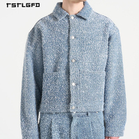 Veste en tweed mélange bleu glace pour homme, col pointu, coupe ample, détail de couture en V au dos, streetwear de luxe, manteau décontracté