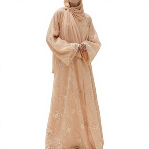 Abaya de mariage élégante en polyester style turc, broderie florale, manches longues, longueur ras du sol, pour la vente en gros - Product Image 1