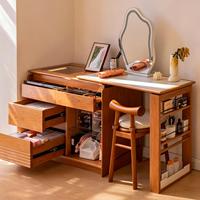 Ensemble coiffeuse en bois massif avec miroir rond et tabouret, table de maquillage nordique pour chambre à coucher avec étagère ouverte