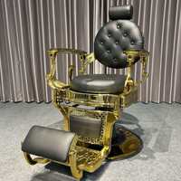 Fauteuil de Barbier Hydraulique Vintage Doré Capitonnée, Cadre en Acier Antique, Siège en Cuir, Rotation à 360 Degrés, Hauteur Réglable, Mobilier de Salon