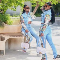 Nouvel ensemble 2 pièces en jean patchwork floral 2026 pour femme : veste courte vintage Y2K et jean déchiré