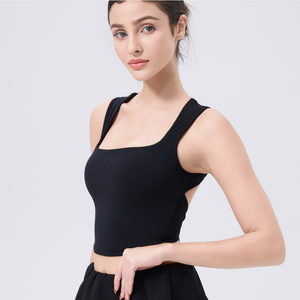 Wholesale Women's Yoga Crop Top Square Neck <b>Tie</b> <b>Back</b> Cutout Built-in Bra Workout Tank Top Slim Fit Activewear Ballet Style Top - Product Image 3