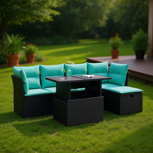 Ensemble de canapés de patio en polyrotin noir, 6 pièces, avec coussins, meubles de jardin, sièges d'extérieur - Product Image 2