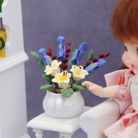 Aksesori Furnitur Miniatur Rumah Boneka 1:12 Bunga Tanah Liat Bambu Tanaman Hijau Ornamen Pot Putih