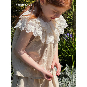 YOEHYAUL 25102 estate ragazze senza maniche con collo arruffato <span class=keywords><strong>pantaloni</strong></span> larghi in lino Set t-shirt in pizzo ricamato <span class=keywords><strong>pantaloni</strong></span> di pizzo <span class=keywords><strong>per</strong></span> bambini - Product Image 3