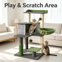 Arbre à chat avec coussin en peluche gris, poteaux à gratter en sisal, plateformes rembourrées et hamac suspendu latéral pour chats d'intérieur