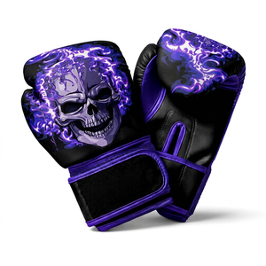 Guantes de Boxeo IBERIA Premium Negros con Estampado de Calavera y Llamas Púrpuras, Guantes de Entrenamiento de Cuero PU, Logotipo Personalizado OEM, Venta al Por Mayor, Transpirables - Product Image 1