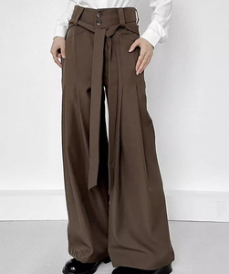 Pantalon palazzo plissé taille haute pour femme avec ceinture, coupe ample décontractée, idéal pour le bureau et le streetwear - Product Image 1