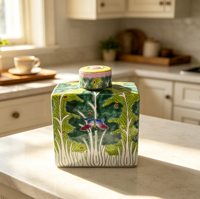 Pot en porcelaine Chinoiserie Bok Choy, motif de chou chinois peint à la main en vert, pot à thé en céramique avec motif de papillon