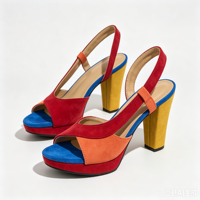 Escarpins compensés en daim à bout ouvert, couleur contrastante rouge, orange et bleu, avec soutien de la voûte plantaire, style sexy et tendance urbaine