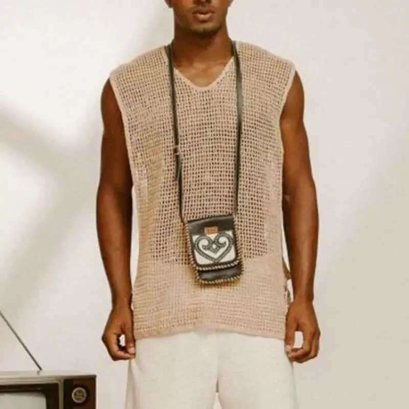 J&H fashion Summer 2022 men fashion crochet top sleeveless knitted tshirt breathable casual vest shirts