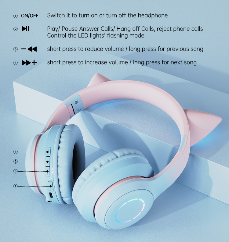 Hot Kids Music Gaming Headphones With Mic Flashing Light Cat Ear multifunctional wireless stereo headset