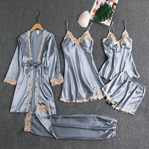 Ensemble de 5 pyjamas en satin et dentelle pour femme, comprenant une robe de nuit, un caraco à col en V, un peignoir à taille élastique, un short et un haut à manches courtes, écologique, pour l'été - Product Image 1