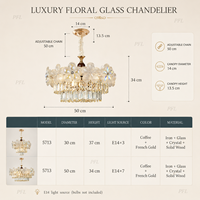 Lustre élégant à hauteur réglable en verre texturé floral, suspension à franges de cristal à plusieurs niveaux, en fer doré français et bois, pour la décoration intérieure
