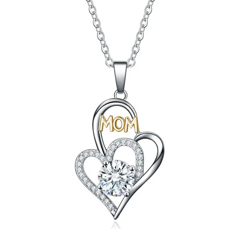 Whole Sale MOM Gold Silver Heart Letter Diamond Necklace I Love You Mom Engrave Heart Necklace For Mother's Day