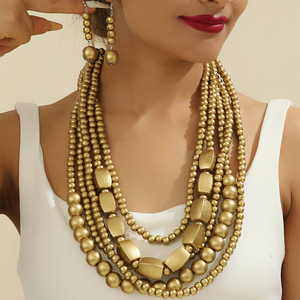 Conjunto de joyería étnica Bohemia hecha a mano, collar de cuentas de madera de 5 capas, conjunto de pendientes colgantes, accesorios de banquete de Oriente Medio - Product Image 1