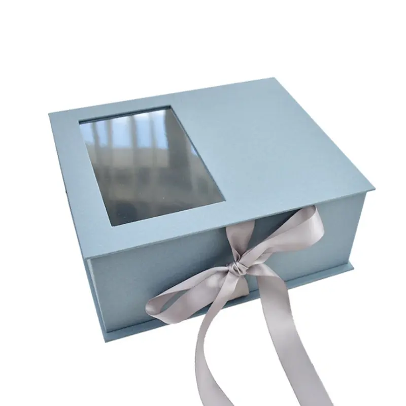 Роскошная прямоугольная дизайнерская бумажная подарочная упаковочная коробка с прозрачным окном и лентой