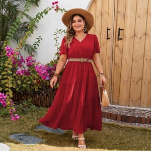 Robe Printemps-Été 2025 Élégante Décontractée Ample Grande Taille Col en V Longue Couleur Unie Boutonnée Grande Taille - Product Image 3