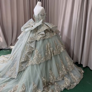 Jancember MCT020 Elegante Abito Verde Menta <span class=keywords><strong>per</strong></span> Quinceañera con Scollo a Cuore, Pizzo Dorato e Fiocco - Product Image 3