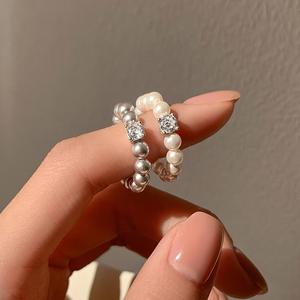 Bague en argent pur S925 avec perle Shijia, fil élastique, petit cube de zircon, simple, quotidienne, compacte, élégante - Product Image 3