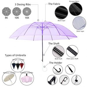 Nouveau produit – Parapluie transparent portable personnalisé avec poignée en J droite, poignée à crochet, coloré, transparent, avec logo – Vente en gros - Product Image 6