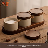 Ensemble d'assaisonnements en céramique rustique de style médiéval avec cuillère, combinaison de cuisine en céramique pour assaisonnements MSG, pots à sel et piments