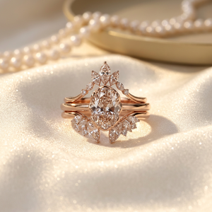 925 Sterling Silver Rose Gold Oval White Topaz <b>Ring</b> Marquise Cluster Crown <b>Stacked</b> Design Engagement <b>Ring</b> - Product Image 2