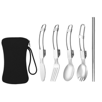 Ensemble de couverts pliables portables en acier inoxydable (cuillère, fourchette, couteau, baguettes) - Léger, pour le camping en extérieur, avec sac à cordon