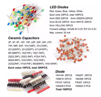 Kit de composants électroniques de base 1390 pièces Résistances Condensateurs électrolytiques et céramiques Diodes LED