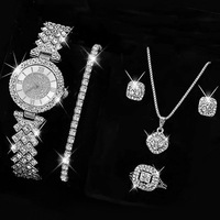 Ensemble de bijoux de luxe pour femme WGS-155, 6 pièces, montre à mouvement à quartz avec aiguilles en verre, bagues, collier, boucles d'oreilles, strass, mode décontractée