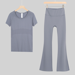 Women's Reversible Gym Fitness Set Solid <b>Pattern</b> High Waist Yoga <b>Leggings</b> Short Sleeves T-Shirts Plus Size for Ladies Front Logo - Product Image 4