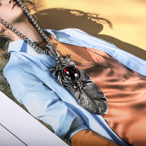 European American Style Feather Pendant <b>Necklace</b> With <b>Ruby</b> Inlay Bezel Setting Fashion Sweater Chain Charm SP435 - Product Image 4