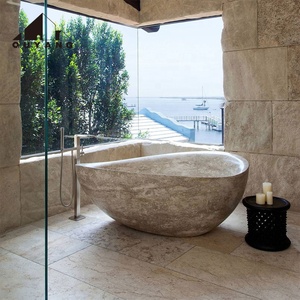 <span class=keywords><strong>Baignoire</strong></span> autoportante ovale en pierre de style européen QUYANG, en marbre beige naturel poli, pour la vente - Product Image 1