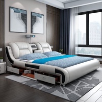 Cama de Masaje Eléctrica Multifuncional Ajustable Tamaño King con Soporte Integrado para TV, Cama Lujosa y Suave con Tapicería de Cuero Premium