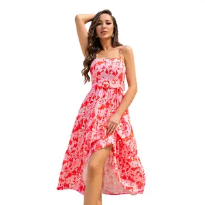 Double Crazy Floral Print Casual Maxi Ruffle Hem Summer Belted Mesh Cami Fashion Dress