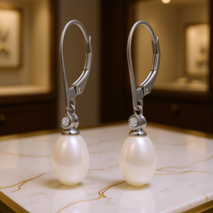 Orecchini pendenti classici in argento 925 placcato oro bianco con perle Akoya, perle coltivate ovali, gioielli da sposa per donna - Product Image 2