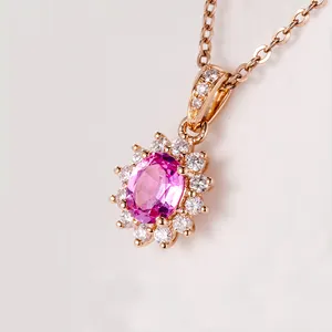 Top Quality Natural Pink Sapphire Classic Oval Pendants 18k Gold Chain Pendant for Women Party Jewelry