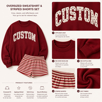 Ensemble décontracté 2 pièces en coton pour femme : Sweat-shirt oversize personnalisé à col montant imprimé étoiles et broderies, et short rayé assorti