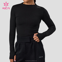 T-shirt de sport personnalisé en Spandex Dry Fit, coupe ajustée, col montant, manches longues, court, pour la course, l'entraînement et le yoga, pour femme